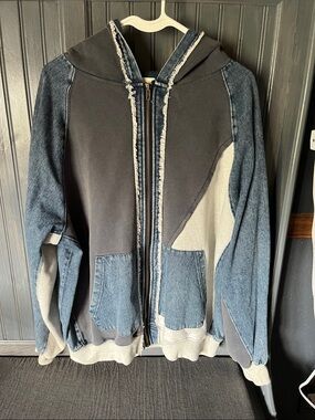 Gilded Intent Blue and Black Mixed-Media Jean Hoodie Jacket